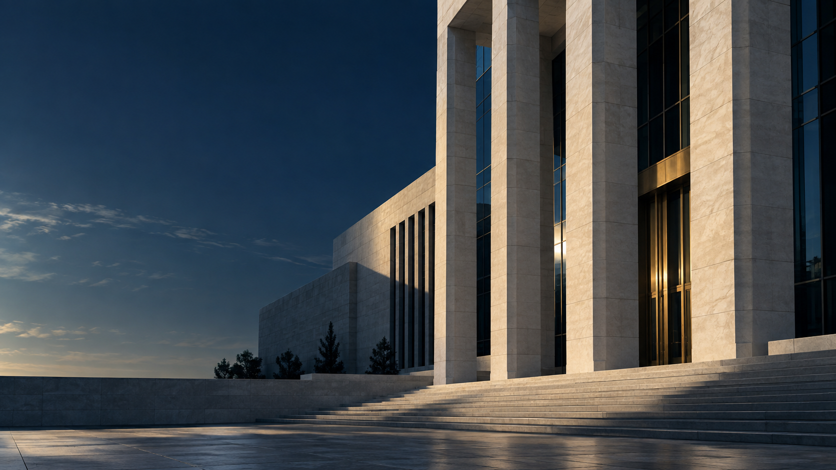 Modern limestone civic architecture in early morning light